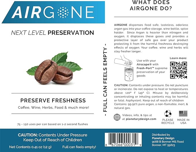 Airgone Argon Gas Flush for Wine, Coffee and Food Preservation - Fresh Port and Airscape Preserver Accessory - Extend Freshness, Protect Taste - Food Grade Inert Gas Argon Spray Canister