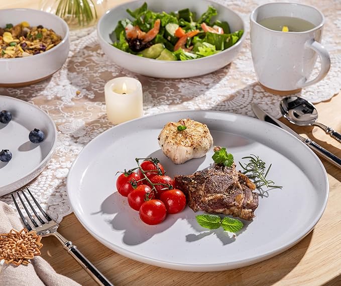 AmorArc Ceramic Dinnerware Sets for 8, 24 Pieces Handpainted Plates and Bowls Set with Rustic Terracotta Underside, Scratch Resistant Stoneware Dishes Set, Dishwasher & Microwave Safe, White