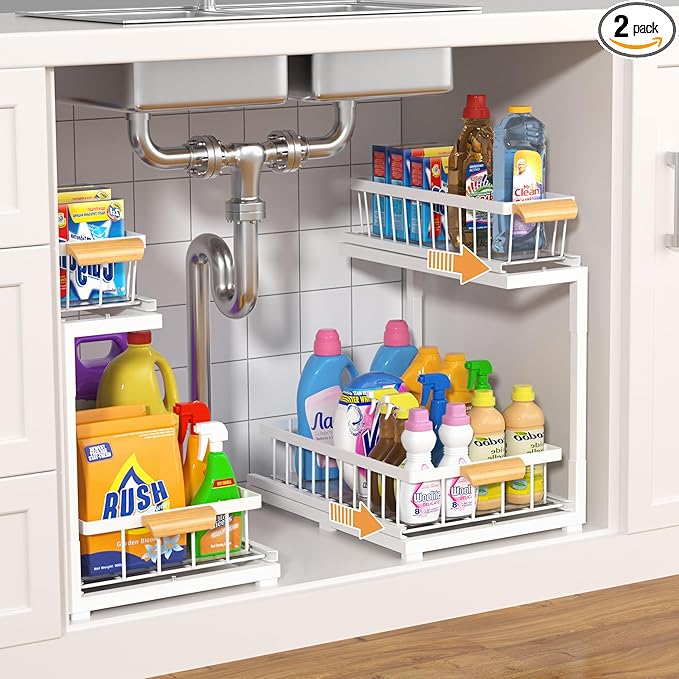 Under Sink Cabinet Organizer, 2-Tier Pull Out Storage Shelves, Adjustable Bathroom Kitchen Drawer (White, 2-Pack)