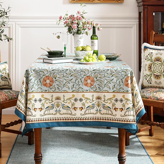patdrea Designer French Linen Blue Tablecloth for Sqaure Table,Vintage Floral Table Cloth,Colorful Decoration Small Cover Kitchen Dining for Tea Party,Thanksgiving,Christmas,67"x67"-Wensel