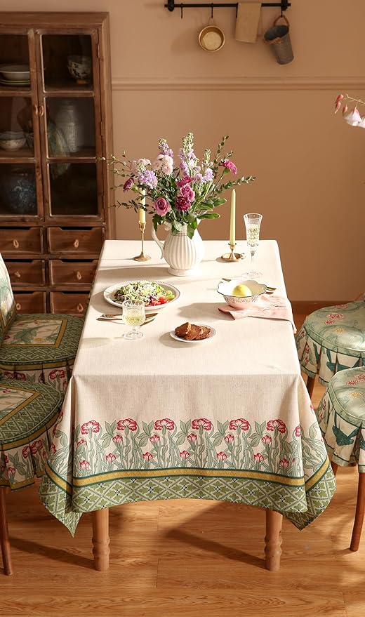 patdrea Designer Green Long Tablecloth for Rectangle Table,Vintage Linen Floral Leaves Pattern Table Cloth,Cover Decor for Kitchen Dining Christmas,Tea Party,Thanksgiving,63"x94"-Cecilia D
