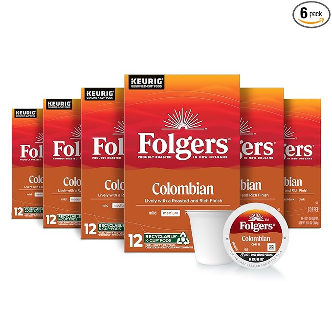 Folgers Colombian Medium Roast Coffee, 12 Keurig K-Cup Pods (Pack of 6)