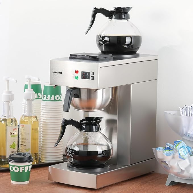 12-Cup Coffee Maker 1.8L Commercial Drip Coffee Maker Pour Over Coffee Machines with 2 Glass Carafes and 2 Warmers Plate Stainless Steel Coffee Brewer for Cofe Bar and Restaurant