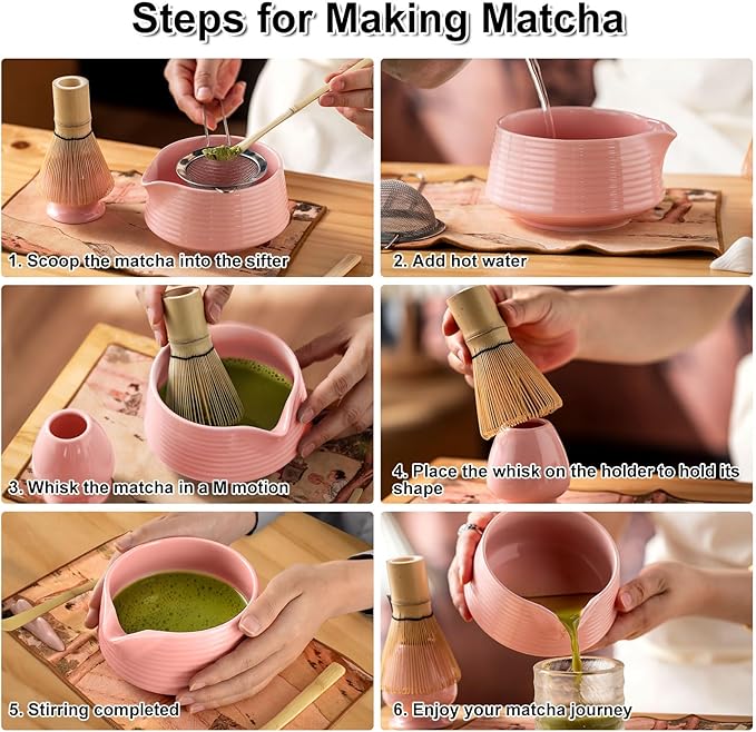 Matcha Whisk Set, 8Pcs Pink Matcha Kit Tea Set with Ceramic Bowl and Whisk Holder, Bamboo Scoop, Sifter, Perfect for Matcha Starter, Cute Matcha Powder Kit, Top Gifts for Women, Friends, Birthday