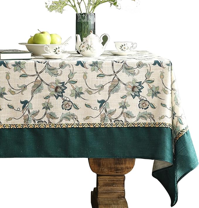 patdrea Designer Green Small Linen Table Cloth for Rectangle Table,Vintage Floral Pattern Durable Extra Long Tablecloth,French Decor for Kitchen Dining,Christmas,Thanksgiving,Party,67"x118"-Noah