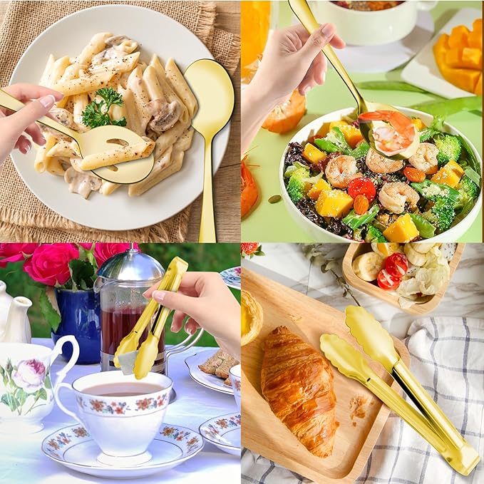 12PCS Gold Stainless Steel Serving Utensils Sets - Large Serving Spoons,Slotted Spoons,Serving Tongs,Appetizer Tongs,Utensills Sets for Buffet Catering Banquet Party (Gold)