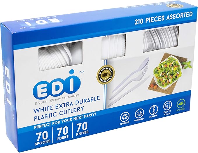 EDI [210 Piece] White Disposable Plastic Cutlery Set, Assorted - 70 Forks, 70 Knives, 70 Spoons | Extra Durable