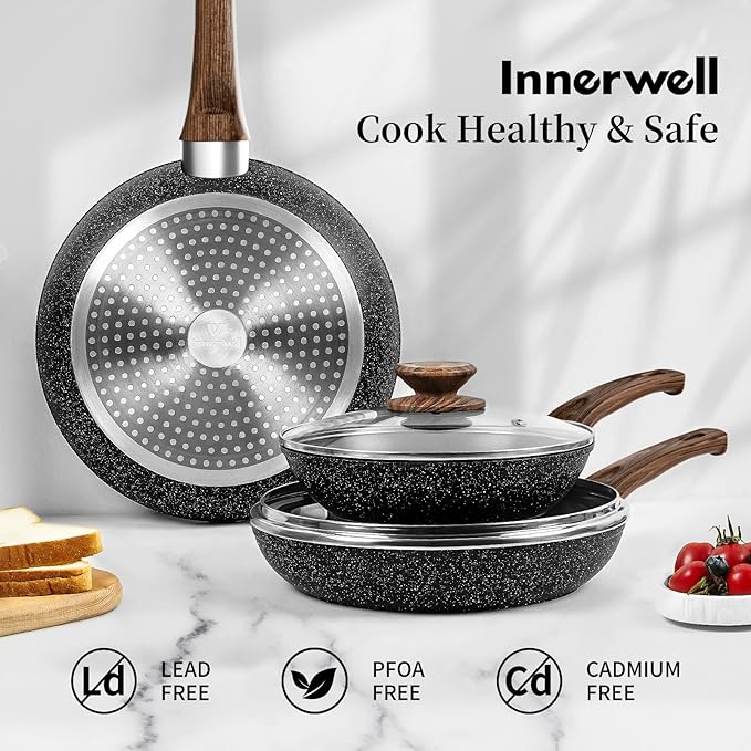 Innerwell Frying Pan Set With Lids - Non Stick Frying Pans Set 3 Pcs, Nonstick Skillet Pans Set Egg Omelette Pan W/Lid, PFOA Free, Induction Non Toxic Cooking Black Pan Set