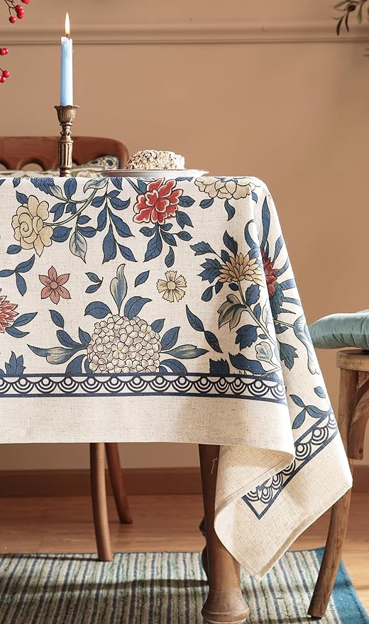patdrea Designer Blue Tablecloth for Rectangle Table,Vintage Linen with Leaves and Floral Pattern Tablecloths,Farmhouse Decor Cover for Kitchen Dining Christmas,Thanksgiving,63"x87"-Ivar a