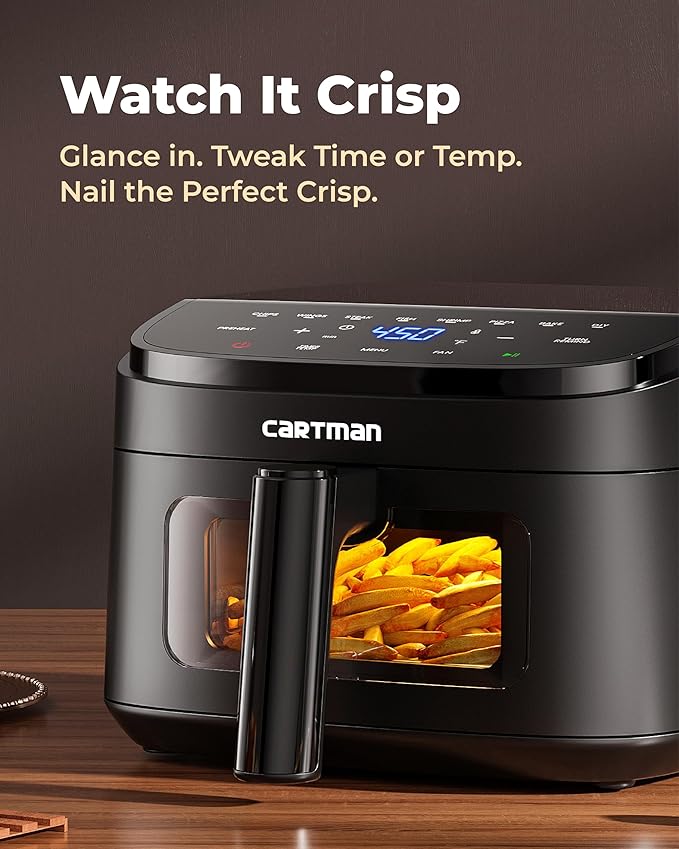 Cartman 4QT Compact Air Fryer, Extreme Flat(only 6.7in high), with Viewing Window and DC Motor, Up to 450℉, Touchscreen Controls with 7 Presets, Black, Small Air Fryers