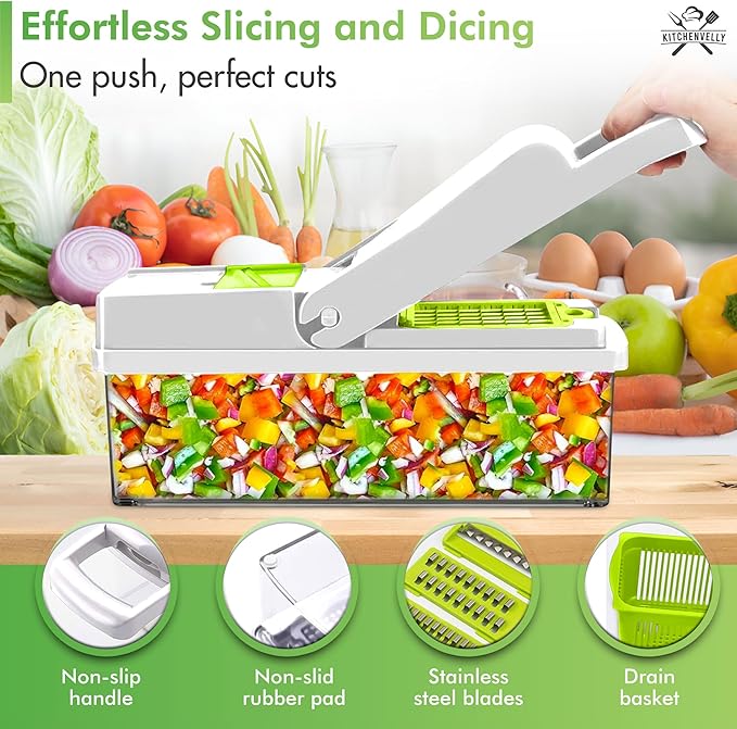 16-in-1 Vegetable Chopper and Slicer with 8 Blades – Veggie Cutter, Dicer, Food Chopper with Container & Lid – Multi-Purpose Kitchen Tool for Easy Meal Prep (White)