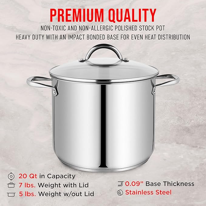 Stainless Steel Stockpot with Tempered Glass Lid 20 Quart, Durable 18/0 Stainless Steel, Impact-Bonded Base for Even Heating, Riveted Handles, Oven & All Stove Compatible, Safe Up To 500°F (260°C)