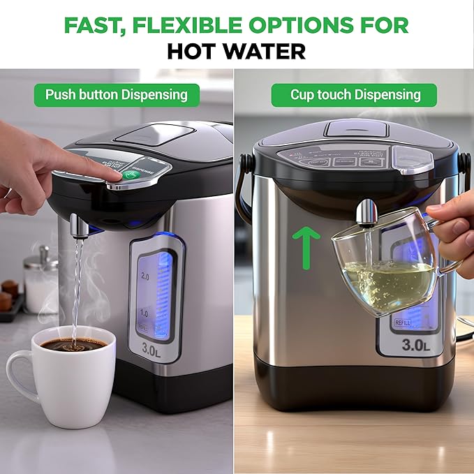NutriChefKitchen Electric Water Boiler and Warmer - 3L/3.17 Qt Stainless Steel Electric Hot Water Dispenser w/Rotating Base, Auto Shut Off, Safety Lock, Instant Heating for Coffee & Tea (NCHUB13)