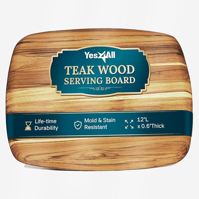 Yes4All Teak Cutting Boards for Kitchen, [12"x0.6"Thick] Easy Handle Serving Board, Pre-Oiled Teak Wood Charcuterie Board, Multipurpose use for Slicing, Serving, Decorating Wood Cutting Board