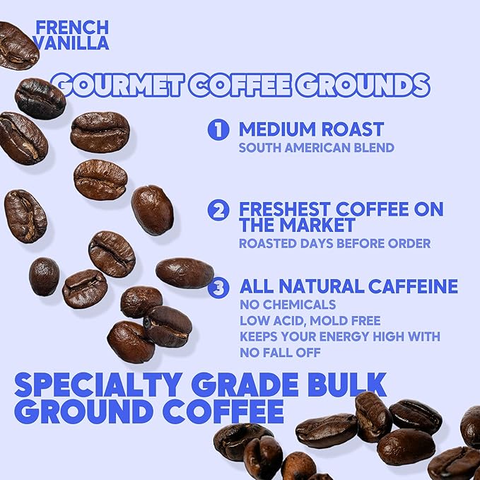 Sarasota Coffee Ground French Vanilla | Medium Roast Gourmet Flavored Coffee Grounds | Low Acid, Mold Free, Specialty Grade Flavored Bulk Ground | 5lb (80 oz)