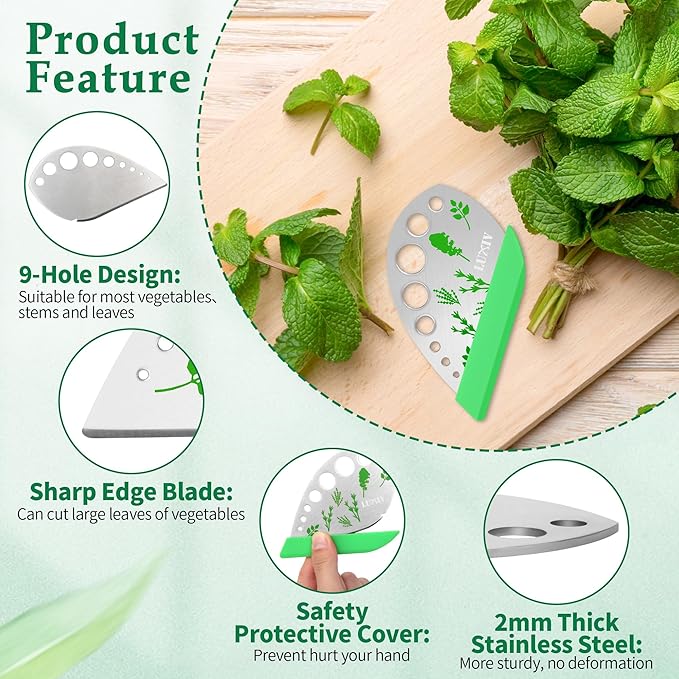 Herb Stripper 9 holes, Luxiv Stainless Steel Kitchen Herb Leaf Stripping Tool LooseLeaf Kale Razor Metal Herb Pealer for Kale, Chard, Collard Greens, Thyme, Basil, Rosemary (1 pack) (2, green)
