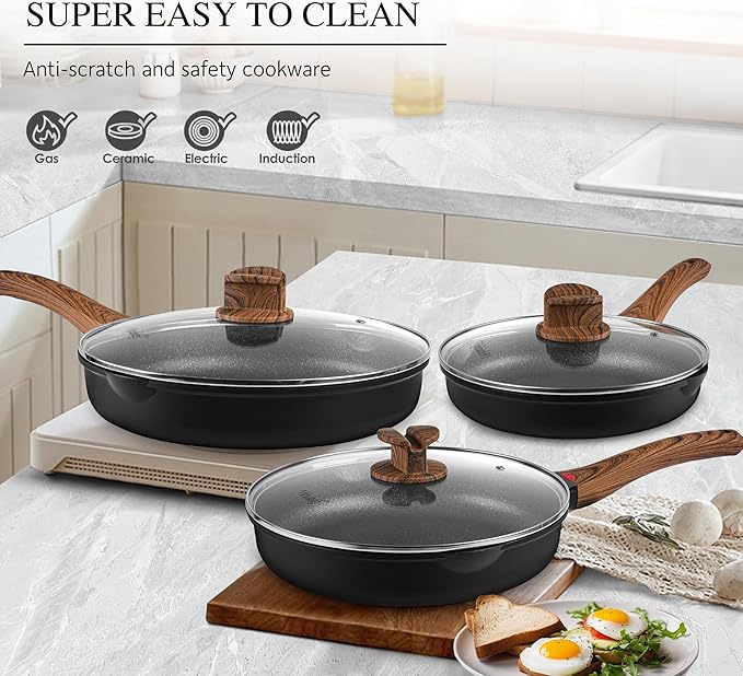 Vinchef 11" Non Stick Frying Pans, Skillet with Lid Used for All Stoves, Induction Non Toxic Cookware, Cooking Pans Nonstick Capable of Kitchen