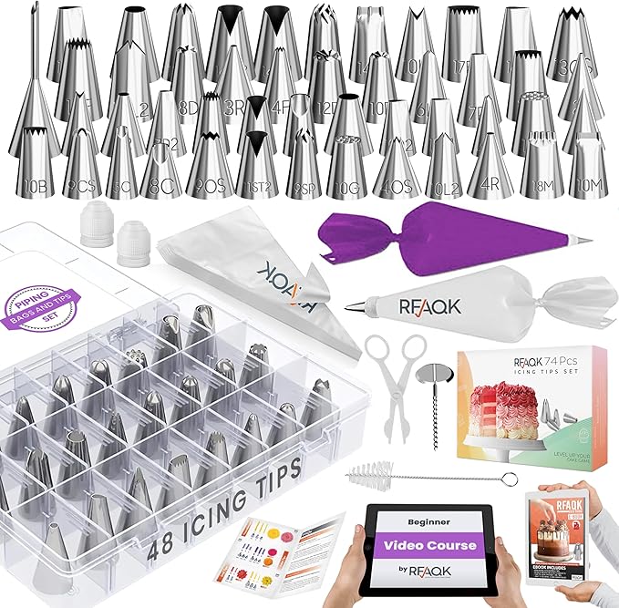 RFAQK 74 PCs Icing Piping Bags and Tips Set, Cake Decorating Kit with 48-Numbered Piping Tips, 20+1 Pastry Bags for Cookie Cupcake Cake Decoration, with Booklet and E-book (Purple)