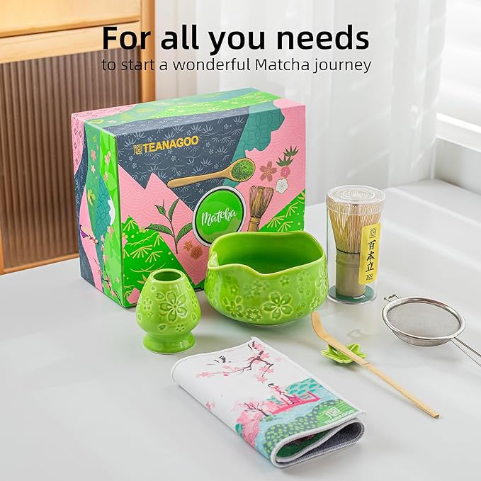 TEANAGOO 7-PCS Green Matcha Whisk Set with Cherry Blossom Design, Complete Ceremony Kit, Ceramic Chawan Bowl with Spout, Whisk & Accessories, Traditional Matcha Tea Set for Lattes& Gift Giving