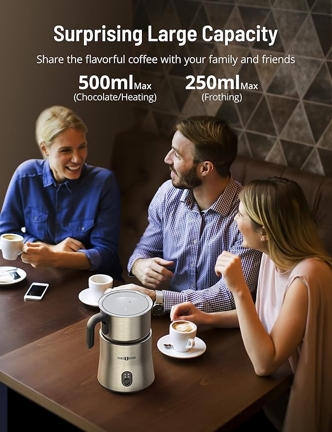 PARIS RHÔNE Milk Frother and Steamer, 4-in-1 Detachable Milk Steamer, 500ml Hot Chocolate Maker and Milk Warmer with Hot & Cold Foam, Dishwasher Safe, All Stainless Steel