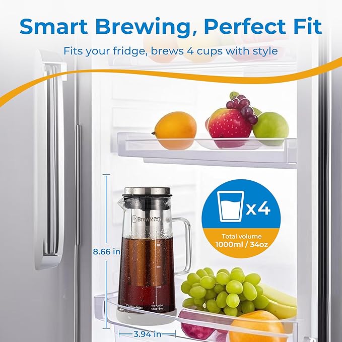 Cold Brew Coffee Maker, 1.0L/34Oz Cold Brew Pitcher | Ice Tea Maker with Airtight Glass Carafe, Filter, Non-Slip Base, Comfort Handle, Wide Spout (Grey)