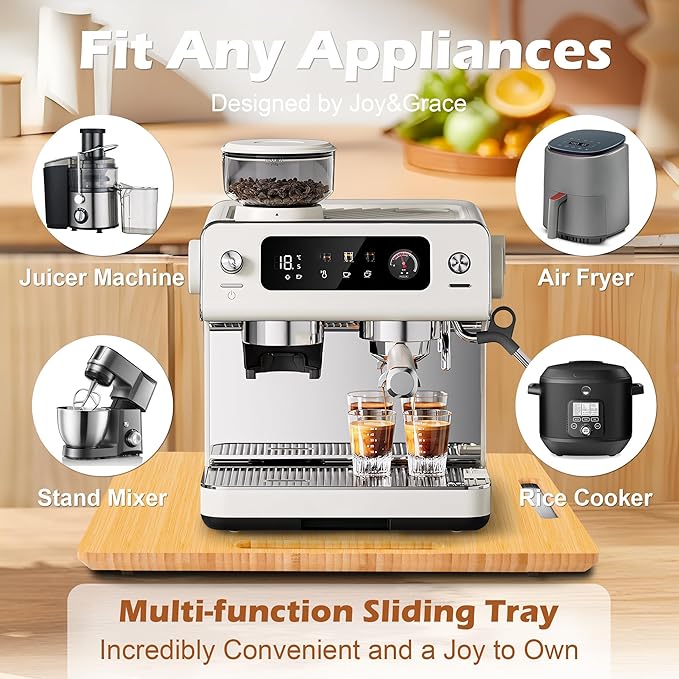 Joy&Grace Appliance Slider for Kitchen Appliances 360° Rolling Sliding Tray for Coffee Maker Countertop, Bamboo Coffee Pot Slider Rolling Tray (Natural, Medium 14.5" x 10")