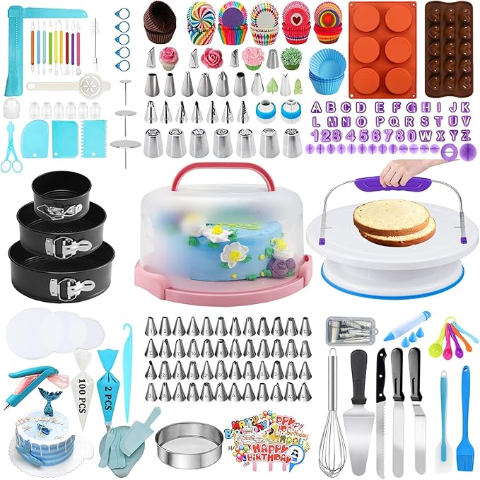 Gawren-H&E Cake Decorating Kit, 678pcs Cake Decorating Supplies Tools Kit with Cake Carrier,Rotating Turntable,Piping Bags and 74 Tips set,Cake Pan Set,Cake Baking Supplies for Beginners/Professional