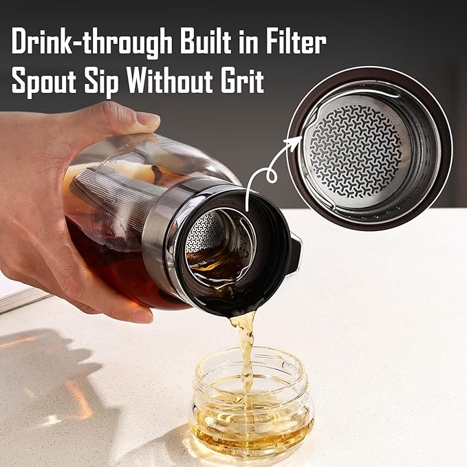 Glass Cold Brew Coffee Maker with Extended Fine Mesh Filter, Tea Infuser Bottle Iced Coffee Maker with Thick Borosilicate Glass (750ml/24oz)