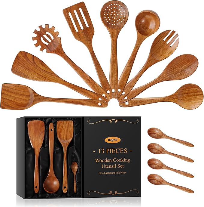 13 Pcs Wooden Cooking Utensil Set with Gift Box – Natural Wooden Spoons for Cooking & Serving, Nonstick Friendly, Perfect Housewarming & Holiday Gift