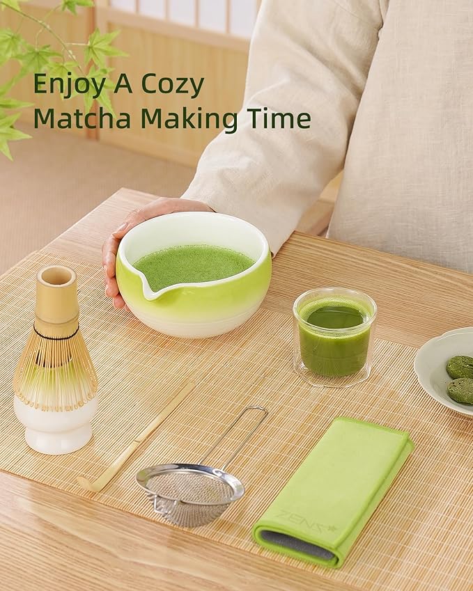 ZENS Matcha Whisk Set, 6pcs Matcha Kit Includes Ceramic Bowl, Handcrafted Bamboo Whisk and Chasen Holder, Scoop, 304 Sifter & Tea Mat，Matcha Set for Tea Ceremony,Latte Making, Green
