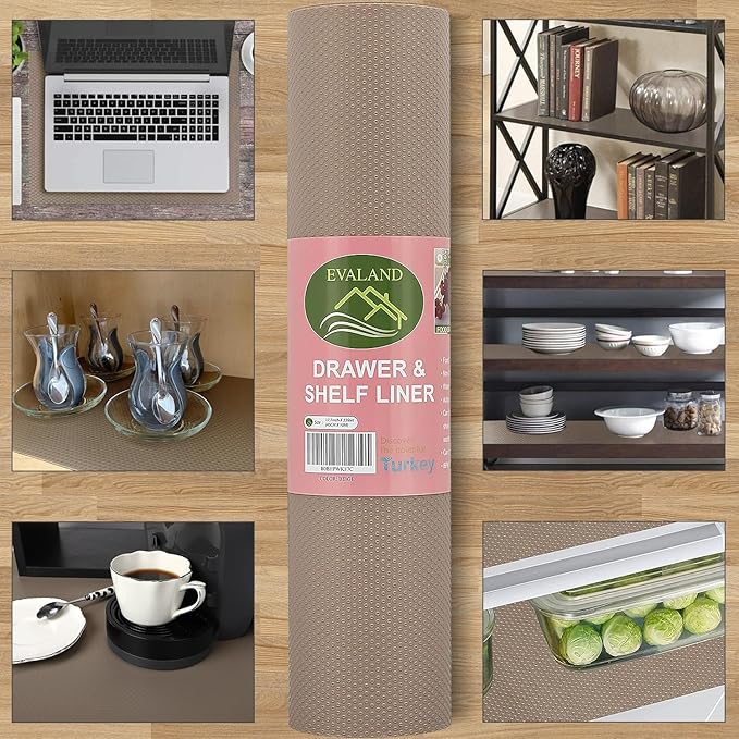 EVALAND 17.7" x 33 FT Non-Slip Shelf Liner, Non-Adhesive, BPA-Free, Waterproof Pantry Liner for Shelves, Easy to Cut, Oil-Proof Shelf Liners for Kitchen, Cabinets, Drawers, Refrigerator, Beige