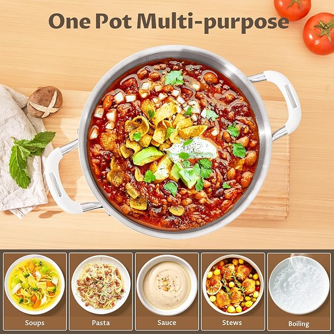 6 Quart Tri-Ply Stainless Steel Stock Pots with Lid, BEZIA Induction Soup Pot with Lid, Kitchen Cooking Pots with Silicone Handle, Compatible with All Cooktops, Free of PTFE/PFOA/PFOS