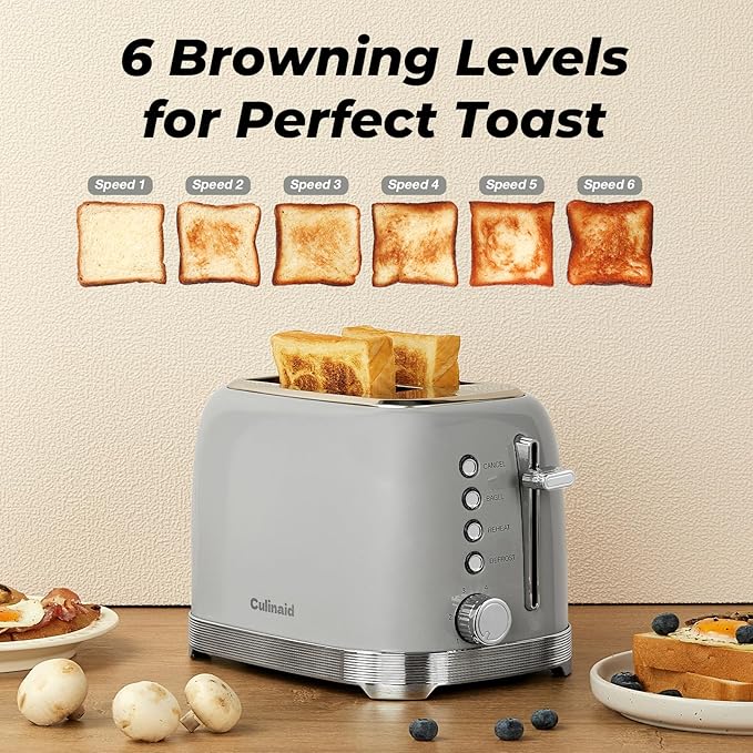 Toaster 2 Slice Retro Stainless Steel with 1.5” Extra Wide Slots Bagel, Defrost, Reheat, Cancel Functions, 6 Bread Shade Settings, Removable Crumb Tray, Gray