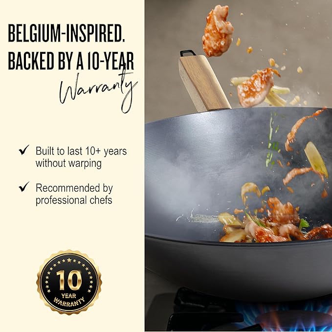Alva Forest Naturally Nonstick Carbon Steel Wok Pan 12" - Acacia Wood Handle, Pre-Seasoned and Made without PFAS, PFOA & PTFE - Induction and All Stovetop Compatible with Even Heat Distribution