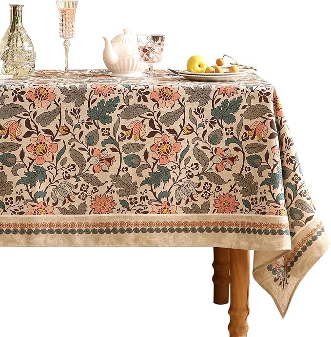 ISAENNE Designer Boho Floral Extra Long Tablecloth Rectangle,Linen Lotus Flower Pattern Colorful Table Cloth,Durable Decor Tablecloths for Dining Thanksgiving Kitchen Christmas,63"*110"-Hazel A