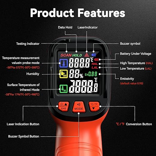 Infrared Thermometer Temperature Gun -58°F to 1796°, 16:1 Non Contact Laser Thermometer Gun with Thermocouple Probe for Humidity, Pizza Oven, Griddle, Ir Temp Gun for Home and Industry Repair