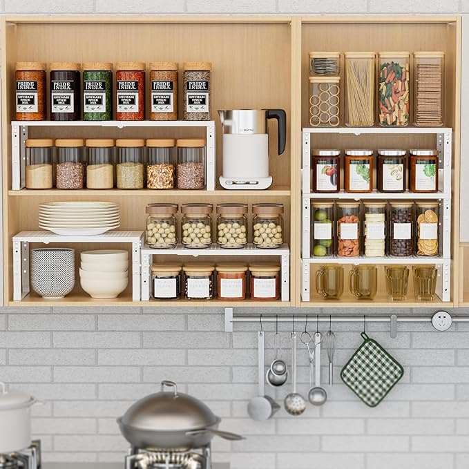 Expandable Spice Rack Kitchen Cabinet Shelf Organizer, Stackable Storage Shelves Racks, Adjustable Counter Shelving for Cabinets, Countertop, Cupboard,Pantry and More(3Packs/White/Large)