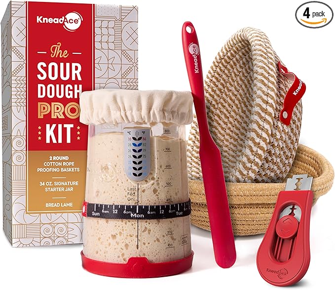 KneadAce Sourdough Starter Kit (PRO 34oz Jar, 2xRound Baskets, Red Bread Lame)