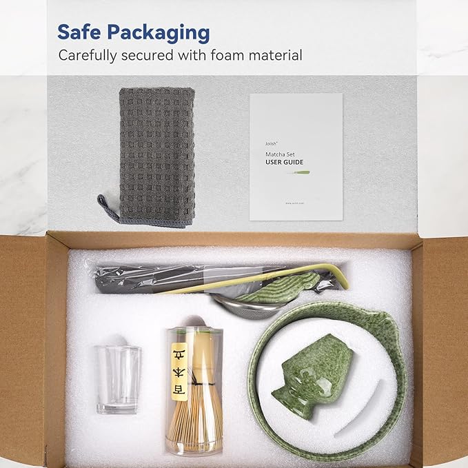 10-Pcs Matcha Kit Set, Whisk and Bowl with Spout & Measuring Spoon, Japanese Tea Making Tools, Complete Matcha Gift Set for Starter, Mottled Green