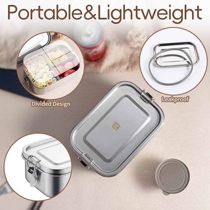 GOLDEN KEY Stainless Steel Lunch Box for Kids,BPA Free Bento Box for Kids with Leakproof Condiment Container,3 Compartment Bento box for School and Eating Out,Freezer & Dishwasher Safe(Brown)