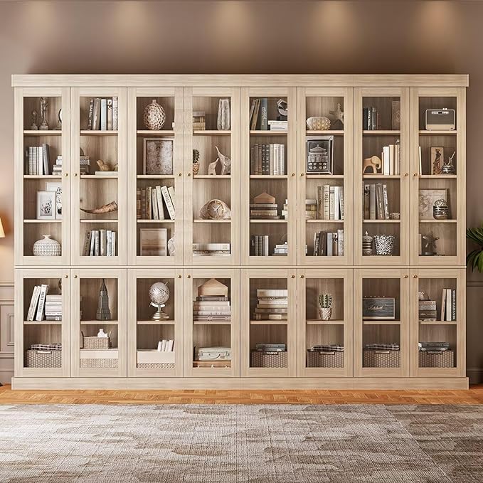 70.8" Tall Brown Bookshelf with Glass Doors, Farmhouse Modular Bookcase with 6-Tier Adjustable Shelves, Large Storage Cabinet for Home Office, Living Room, Set of 3