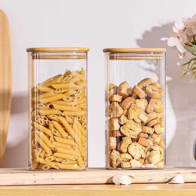 Glass Storage Containers with Lids, Glass Jars with Bamboo Lids, Large Food Storage Jar, Sugar, Pantry Storage Container for Pasta Rice Flour Oats Nuts Tea Spice (Square 54oz 4pack)