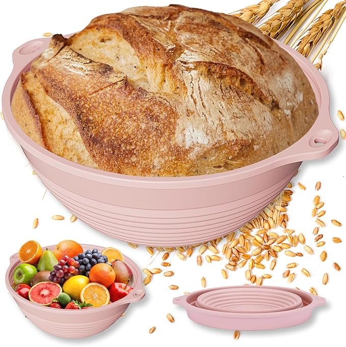 Upgraded Silicone Sourdough Bread Proofing Basket with Handles - Reinforced Rim Support, 9 Inch Non-Stick Round Dough Foldable Bowls for Sourdough Bread Baking, Oven & Dishwasher Safe-BPA Free (Pink)