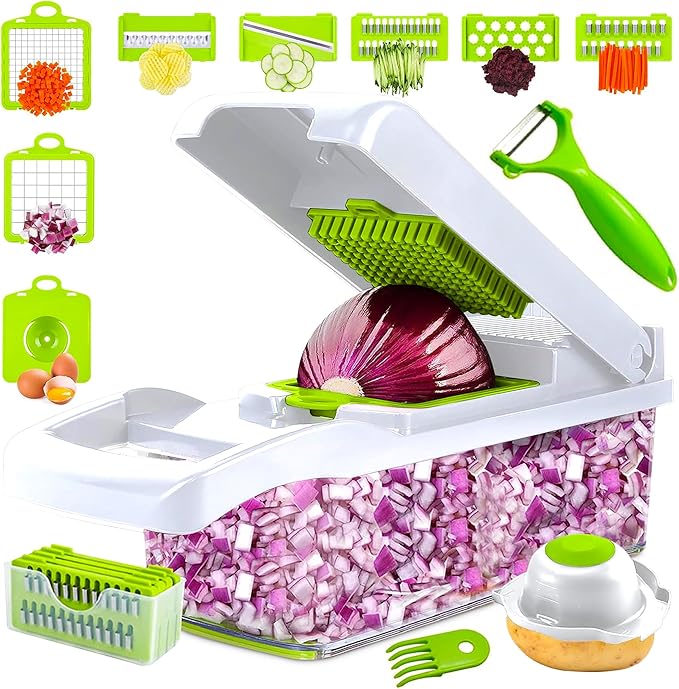 16-in-1 Vegetable Chopper and Slicer with 8 Blades – Veggie Cutter, Dicer, Food Chopper with Container & Lid – Multi-Purpose Kitchen Tool for Easy Meal Prep (White)