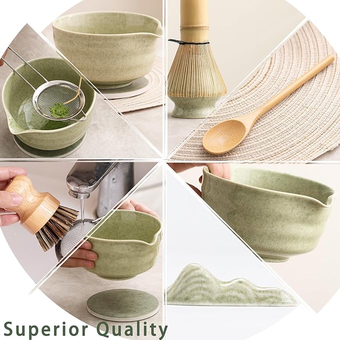 Japanese Matcha Set, Matcha Bowl with Spout and Coaster, Matcha Whisk and Holder, Sifter, Scoop, Spoon, Cleaning Brush,10 Pcs Complete Ceramic Matcha Kit