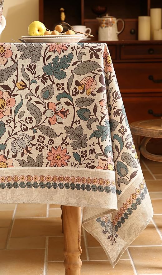 ISAENNE Designer Boho Floral Table Cloth for Rectangle Table,Linen Lotus Flower Pattern Colorful Tablecloth,Durable Decor Tablecloths for Dining Thanksgiving Kitchen Christmas,55"*79"-Hazel A