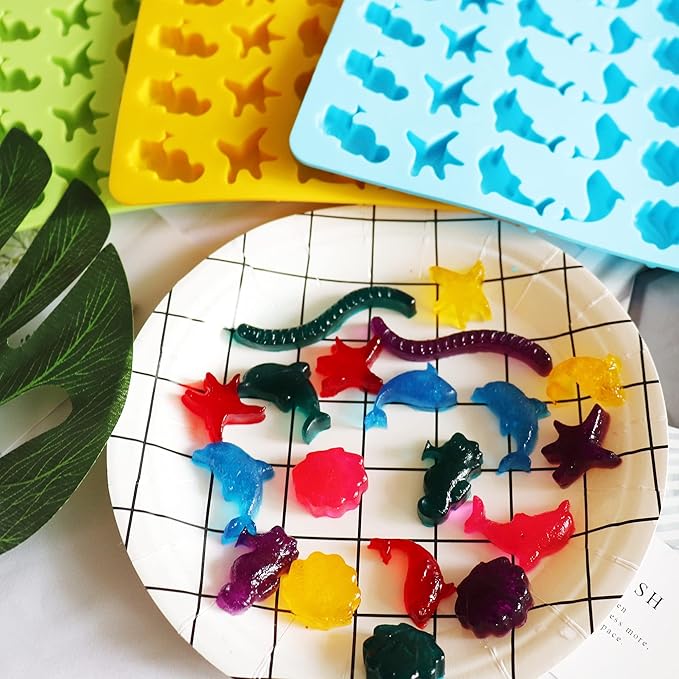 KRLIFCSL Mini Gummy Ocean Animals Silicone Candy Molds Including Hippocampus, Starfishs, Dolphins, Whales, Shells, Worms, for Making Gummies, Chocolates, Vitamin Candy, Pack of 3. (Mini Sea Animal)