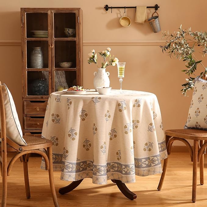 patdrea Designer Beige Round Tablecloth,Vintage Linen Yellow Floral Pattern Table Cloth,Decoration Table Cover for Kitchen Dining Christmas,Tea Party,Thanksgiving,Diameter 67"-Istana a