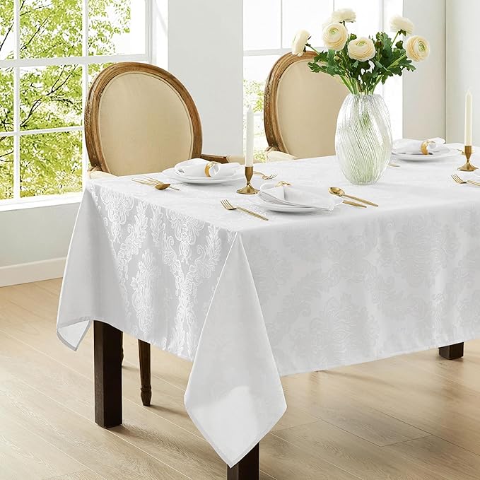 Newbridge Barcelona Luxury Damask Fabric Tablecloth, 70” x 70”, Square, White, 100% Polyester, No Iron, Soil Resistant Dining Room, Party and Banquet Table Cover