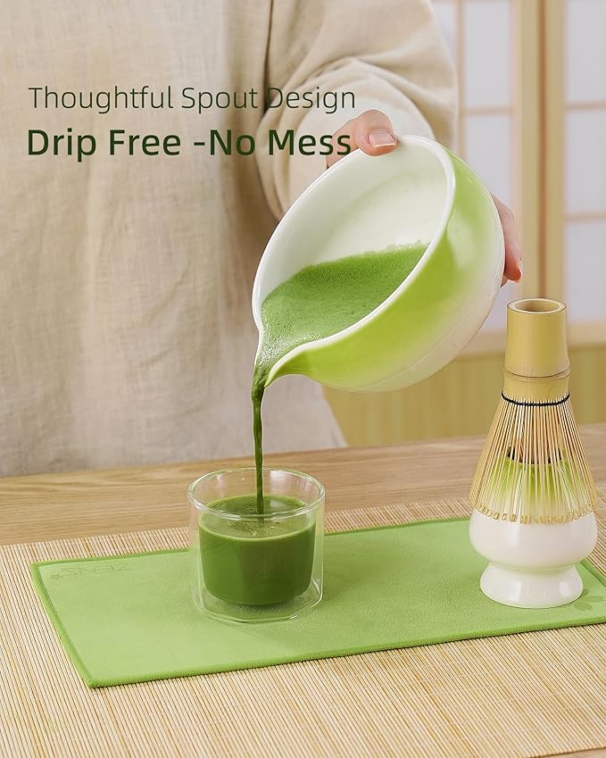 ZENS Matcha Whisk Set, 5pcs Matcah Kit Includes Ceramic Bowl with Spout, Handcrafted Bamboo Whisk, (Chasen) Holder, Scoop & Tea Mat, Matcha Set Gift for Tea Ceremony, Green